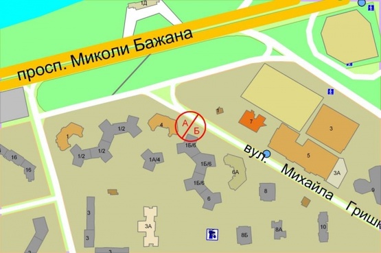 Схема рекламної площини за адресою Михайла Гришка, 1Б/6  заїзд до ТЦ"Алладін"