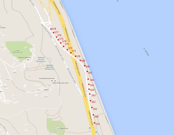 Схема рекламної площини за адресою Набережное шоссе/заезд на Днепровский спуск Схема рекламної площини за адресою Набережное шоссе/заезд на Днепровский спуск