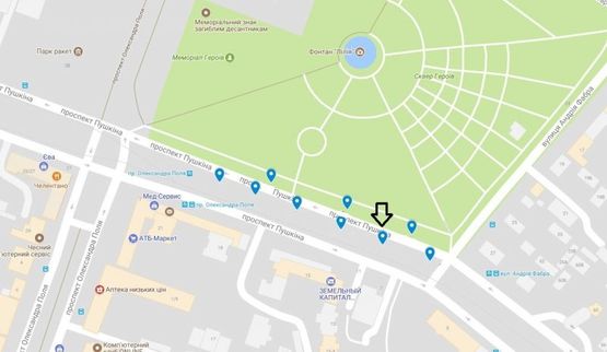 Схема рекламной плоскости по адресу пр. Пушкіна, на розподільчій алеї, від вул. А.Фабра до просп. О.Поля -2-/пр. Пушкина, на разделительной аллее, от ул. Серова до пр. Кирова -2-