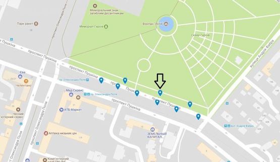 Схема рекламної площини за адресою пр. Пушкіна, на тротуарі, від вул. А.Фабра до просп. О.Поля -2-/пр. Пушкина, на тротуаре, от ул. Серова до пр. Кирова -2-