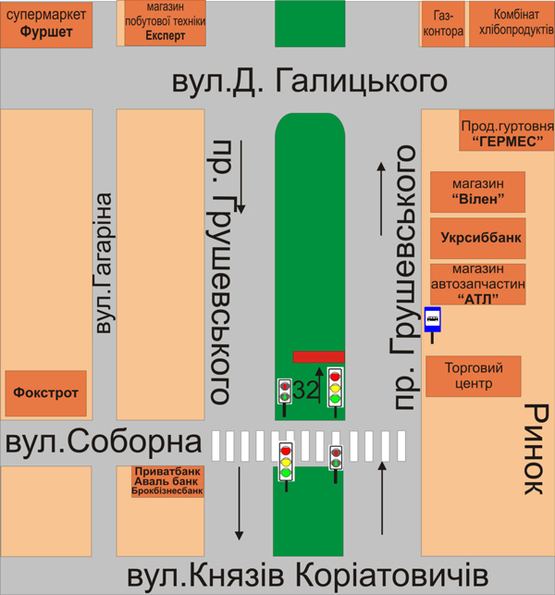 Схема рекламної площини за адресою пр.Грушевського (між вул. Соборна та вул.Д.Галицького)