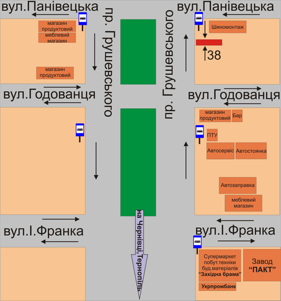 Схема рекламної площини за адресою перехрестя пр. Грушевського та вул.Панівецької (50м до вул.Панівецька)