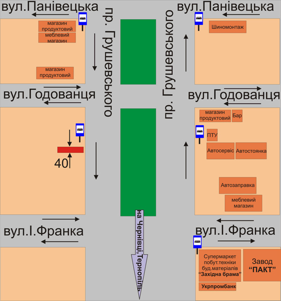 Схема рекламної площини за адресою пр.Грушевского навпроти в’їзду в училище №14 (біля зупинки “Проспект”)