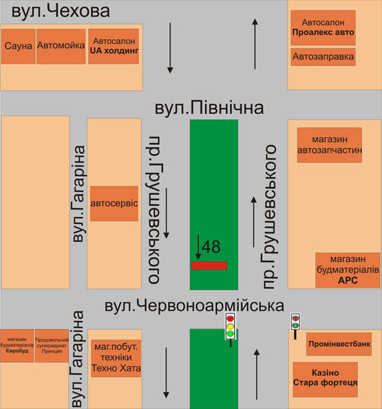 Схема рекламної площини за адресою р-н перехрестя пр.Грушевського та вул.Червоноармійська Схема рекламної площини за адресою р-н перехрестя пр.Грушевського та вул.Червоноармійська