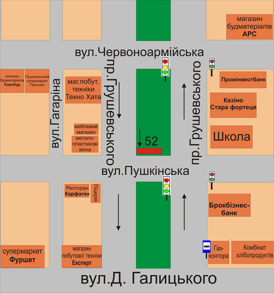 Схема рекламної площини за адресою перехрестя пр.Грушевського та вул.Пушкінська