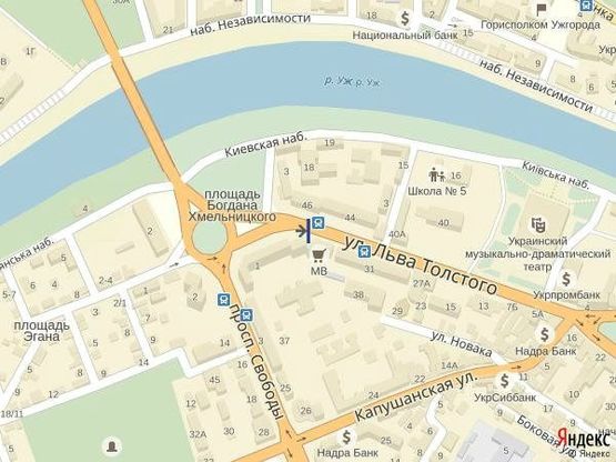 Схема рекламної площини за адресою м.Ужгород вул. Л.Толстого біля банку Київська Русь, маг. HIS, світлофорі, пішохідному переході, в сторону пл.Петефі