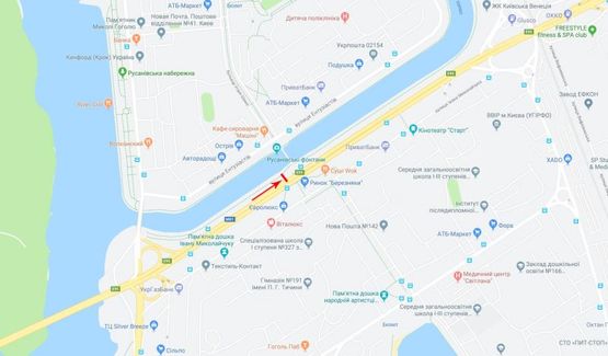 Схема рекламної площини за адресою Соборности пр-т (Воссоединения) из центра, перед пешеходным мостом на Русановку