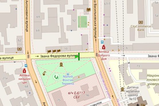 Схема рекламной плоскости по адресу Івана Федорова вул., на бульварній частині навпроти буд.по вул.В.Васильківська 94