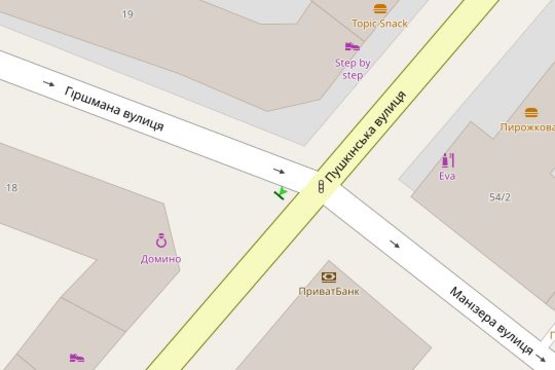 Схема рекламної площини за адресою Пушкінська вул. - Гіршмана вул. Схема рекламної площини за адресою Пушкінська вул. - Гіршмана вул.