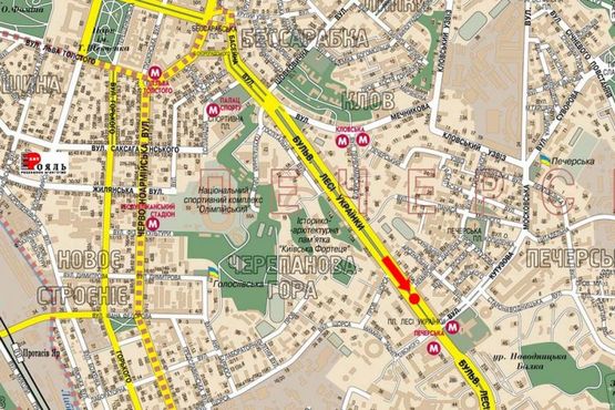 Схема рекламной плоскости по адресу Украинки бул., 17, (бульвар), напротив магазина "Комфорт люкс"