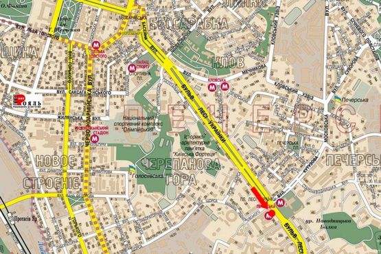 Схема рекламной плоскости по адресу Украинки бул., 26, возле ст. м. "Печерская", в сторону Бойчука ул. (бывш. Киквидзе ул.)