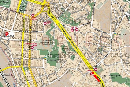 Схема рекламної площини за адресою Украинки бул., 26, возле ст. м. "Печерская", в сторону Бассейная ул.