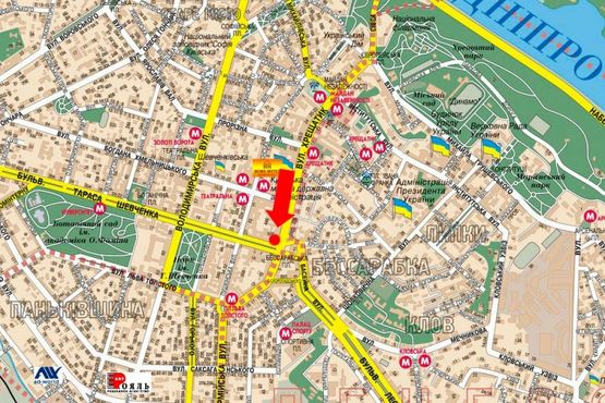 Схема рекламної площини за адресою Крещатик ул., 52 / Шевченко бул., возле магазина "Манго", Юникредитбанка, в сторону Б. Васильковская ул. (бывш. Красноармейская ул.)