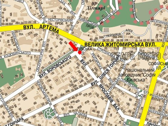 Схема рекламної площини за адресою Львовская пл. / Бульварно-Кудрявская ул. (бывш. Воровского ул.) / Ярославов Вал ул., на зеленой зоне возле парковки, в сторону Сечевых Стрельцов ул. (бывш. Артема ул.)