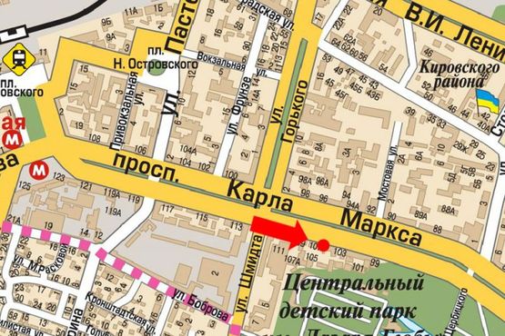 Схема рекламної площини за адресою Яворницкого пр. (бывш. Маркса пр.), 105, супермаркет "Сильпо"