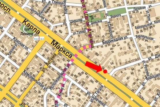 Схема рекламної площини за адресою Яворницкого пр. (бывш. Маркса пр.) / Вернадского ул. (бывш. Дзержинского ул.), 1-3