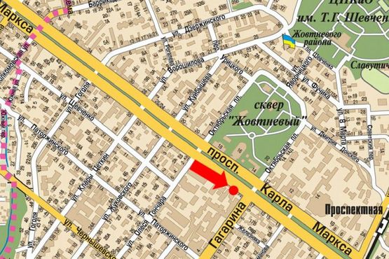 Схема рекламної площини за адресою Яворницкого пр. (бывш. Маркса пр.), 19 / Гагарина пр., Горная Академия