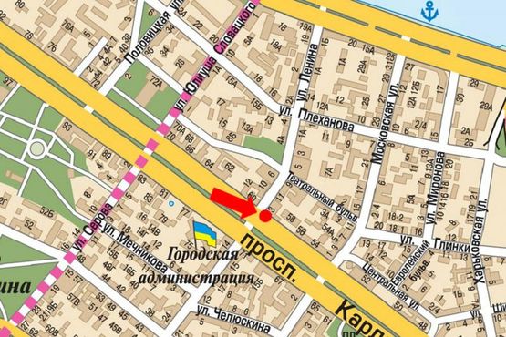 Схема рекламної площини за адресою Яворницкого пр. (бывш. Маркса пр.), 58 / Воскресенская ул. (бывш. Ленина ул.), 13