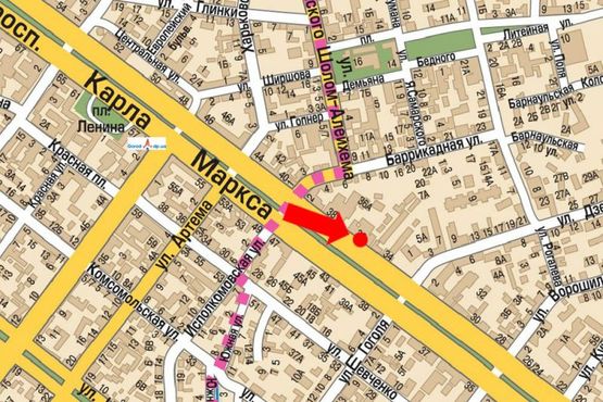 Схема рекламной плоскости по адресу Яворницкого пр. (бывш. Маркса пр.), 34, возле оружейного  магазина "Беркут"