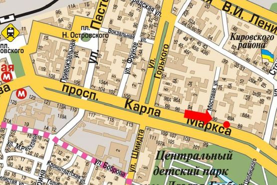 Схема рекламної площини за адресою Яворницкого пр. (бывш. Маркса пр.), 90, магазин "Киевстар"