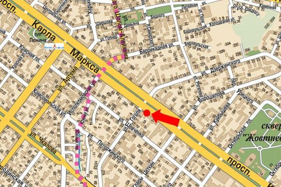 Схема рекламной плоскости по адресу Яворницкого пр. (бывш. Маркса пр.), 39 / Гоголя ул., возле салона "Лотто"