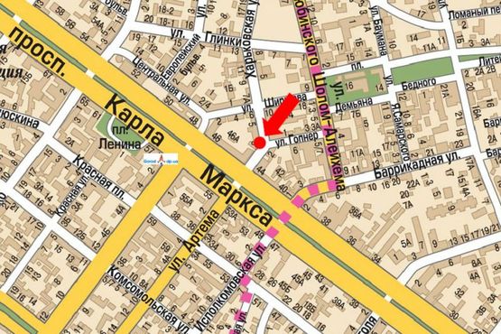 Схема рекламної площини за адресою Яворницкого пр. (бывш. Маркса пр.) / Харьковская ул., возле магазина "Имидж"