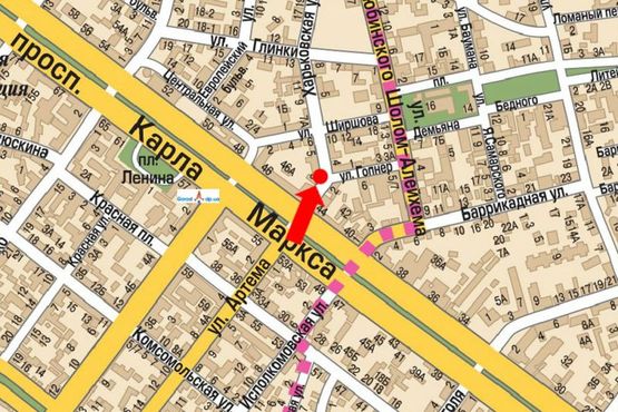 Схема рекламной плоскости по адресу Яворницкого пр. (бывш. Маркса пр.) / Харьковская ул., возле магазина "Имидж"