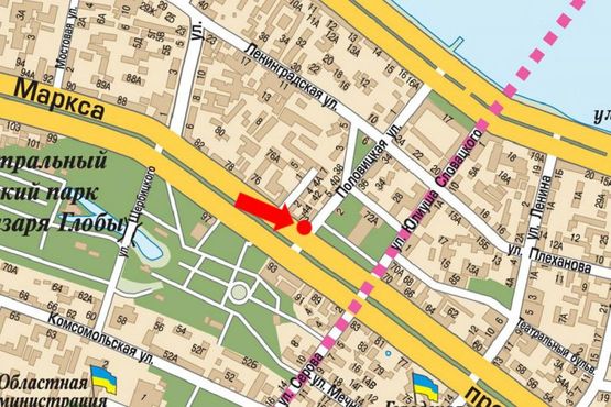 Схема рекламної площини за адресою Яворницкого пр. (бывш. Маркса пр.), 72 / Половицкая ул., кафе "Coffee Life", театр Оперы и балета