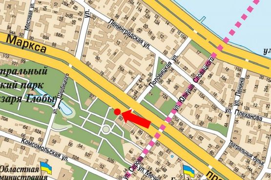 Схема рекламної площини за адресою Яворницкого пр. (бывш. Маркса пр.), 93, Дом Профсоюзов, парк им. Глобы, из центра