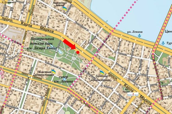 Схема рекламной плоскости по адресу Яворницкого пр. (бывш. Маркса пр.), 93, Дом Профсоюзов, парк им. Глобы, в центр
