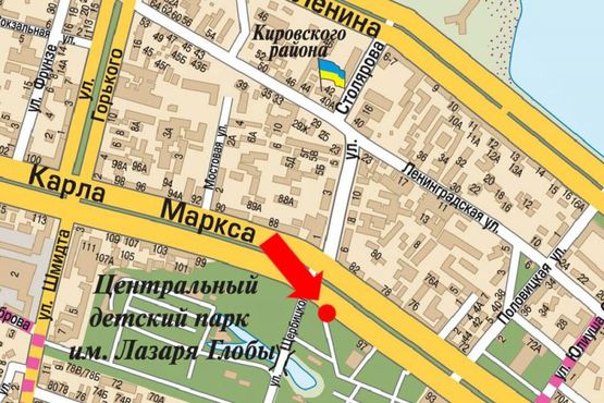 Схема рекламной плоскости по адресу Яворницкого пр. (бывш. Маркса пр.), парк им. Глобы, из центра