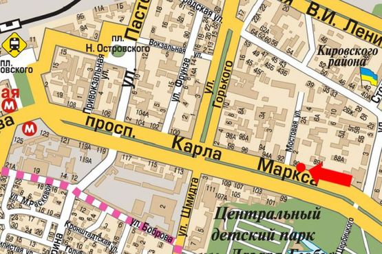 Схема рекламной плоскости по адресу Яворницкого пр. (бывш. Маркса пр.), 96, магазин "Киевстар"