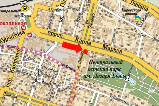 Схема рекламної площини за адресою Яворницкого пр. (бывш. Маркса пр.), 111 / Шмидта ул., рынок "Озерка"