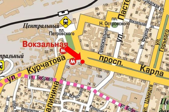 Схема рекламної площини за адресою Яворницкого пр. (бывш. Маркса пр.), 121, ст. м. "Вокзальная"