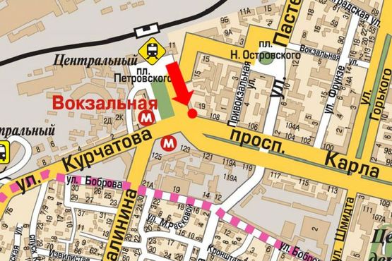 Схема рекламної площини за адресою Яворницкого пр. (бывш. Маркса пр.) / Вокзальная пл. (бывш. Петровского пл.), ст. м. "Вокзальная"