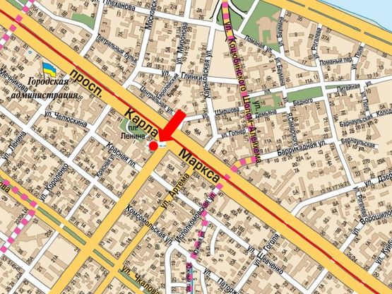 Схема рекламной плоскости по адресу Яворницкого пр. (бывш. Маркса пр.) / Грушевского ул. (бывш. Либкнехта ул.), в направлении от Яворницкого пр. (бывш. Маркса пр.)