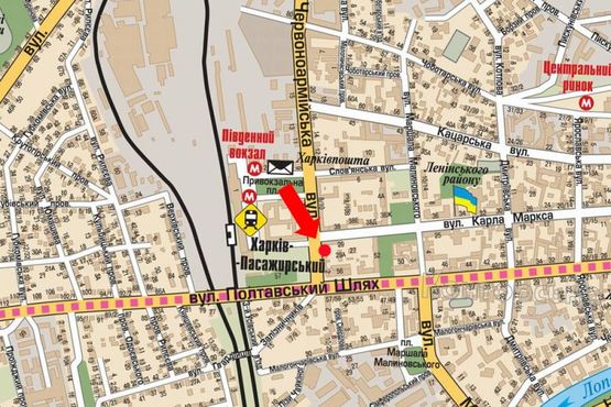 Схема рекламної площини за адресою Котляра ул. (бывш. Красноармейская ул.), 6 - Благовещенская ул. (бывш. Маркса ул.), напротив ресторана "МакДональдз"