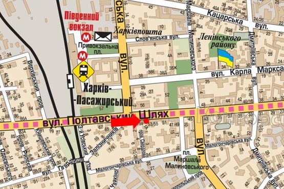 Схема рекламної площини за адресою Полтавский шлях, 57/59 - Котляра ул. (бывш. Красноармейская ул.), напротив супермаркета "Фокстрот"