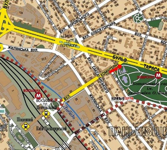 Схема рекламної площини за адресою Петлюры ул., 1, (бывш. Коминтерна ул.) в сторону Шевченко бул.