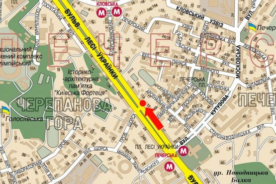 Схема рекламної площини за адресою Украинки бул., 11 / Новогоспитальная ул. (бывш. Щорса пер.), на светофоре, в сторону Бассейная ул.