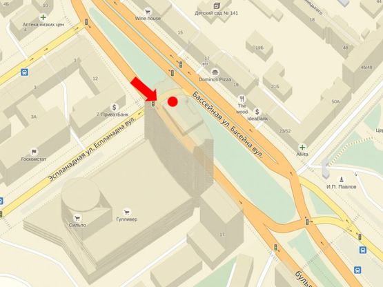 Схема рекламной плоскости по адресу Бассейная ул. / Эспланадная ул., разделитель, ТРЦ "Gulliver", на светофоре, в сторону Украинки бул.