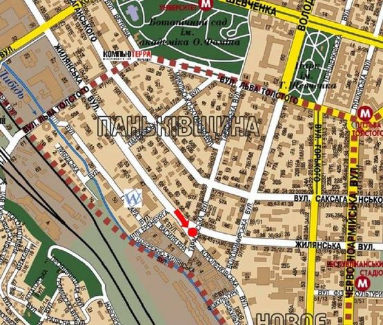 Схема рекламної площини за адресою Жилянская ул. / Короленковская ул., разделитель, в сторону "Мегамаркет",  ул. Федорова