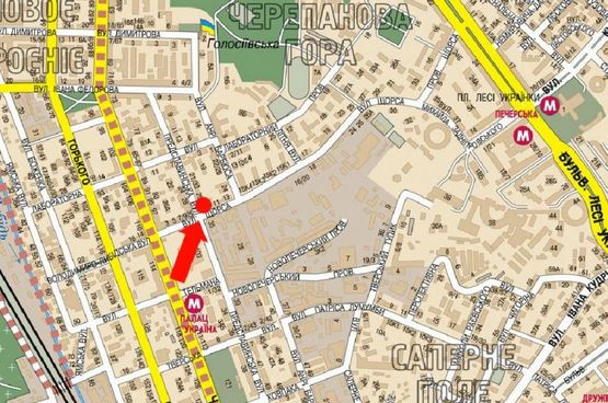 Схема рекламной плоскости по адресу Коновальца ул. (бывш. Щорса ул.) / Предславинская ул., на светофоре, в сторону Украинки бул.