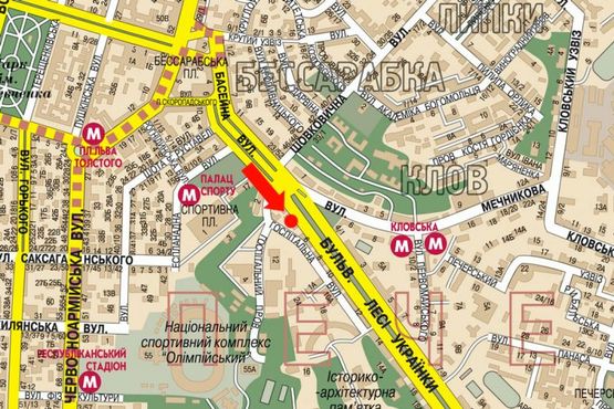 Схема рекламної площини за адресою Украинки бул., 4, в сторону ст. м. Печерская Схема рекламної площини за адресою Украинки бул., 4, в сторону ст. м. Печерская