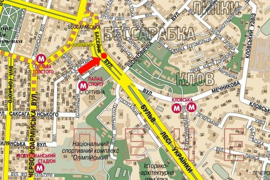 Схема рекламної площини за адресою Бассейная ул. / Руставели ул., разделитель, в сторону Украинки бул.