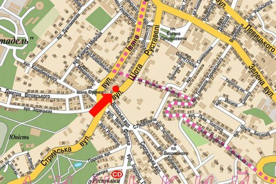 Схема рекламної площини за адресою Руставели ул., 38, возле рынка "Стрыйский", в центр Схема рекламної площини за адресою Руставели ул., 38, возле рынка "Стрыйский", в центр