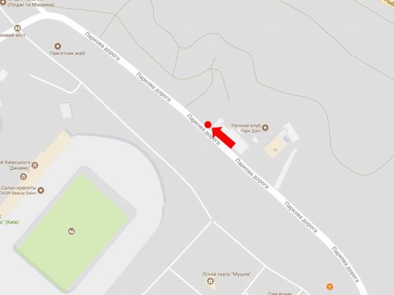 Схема рекламної площини за адресою Парковая дорога ул., 16, ресторан "Dali park", в сторону ул. Грушевского, Европейской пл.