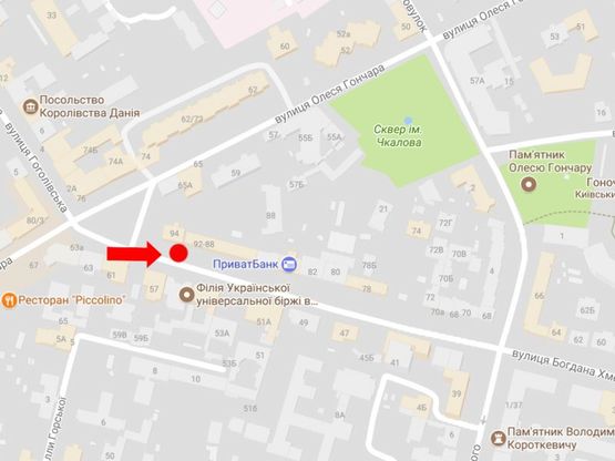 Схема рекламної площини за адресою Хмельницкого ул., 94, напротив отеля "Опера", в сторону ул. Крещатик