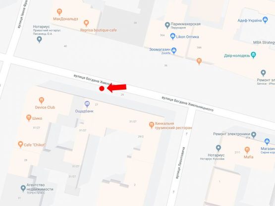 Схема рекламной плоскости по адресу Хмельницкого ул., 29/2 / ул. Франко, напротив McDonald's, в сторону ул. Гончара