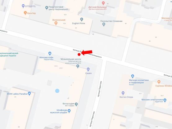 Схема рекламної площини за адресою Хмельницкого ул., 37/2 / ул. Пирогова, напротив посольства Словении, в сторону ул. Гончара